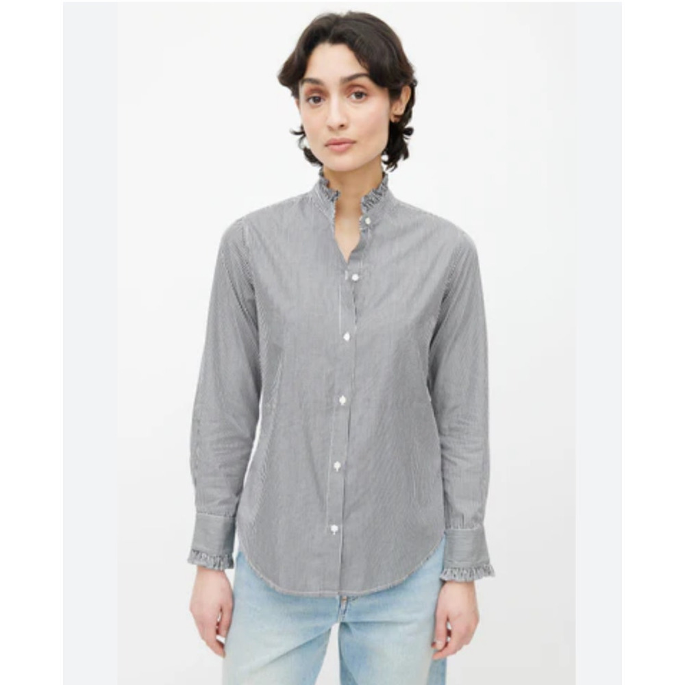 Nili Lotan Womens Chambray Ruffle Collar Shirt XS Blue Classic Preppy Minimalist